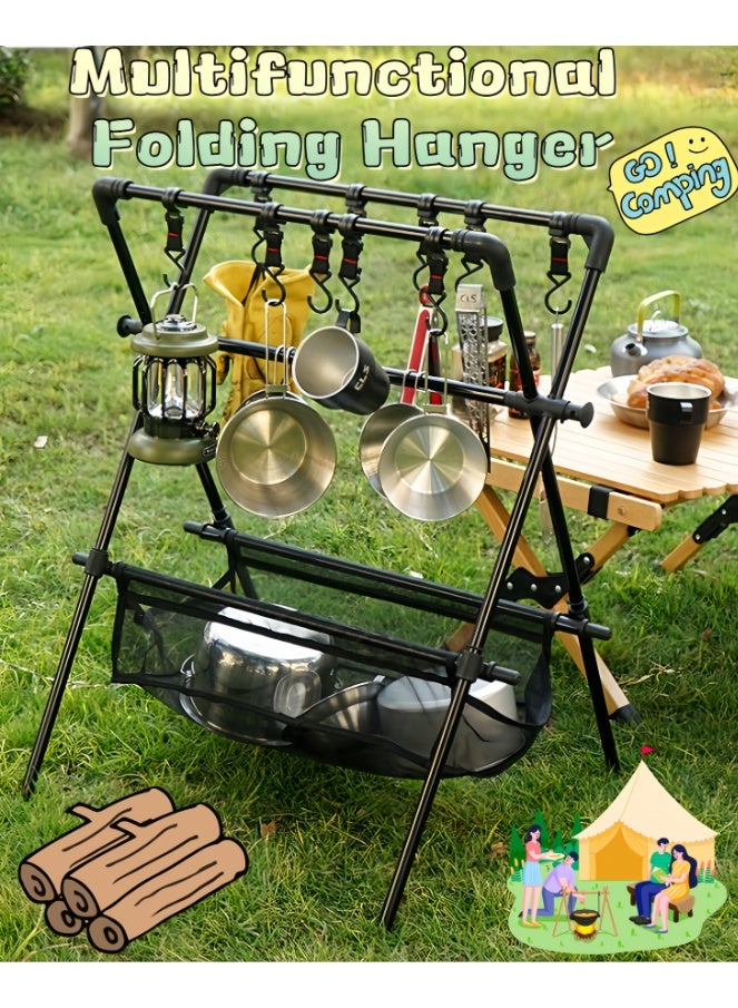 Cookware Hanging Rack, Collapsible Multifunctional Camping Stand, Outdoor Tools Hanging Organizer with Hooks, Multifunctional Tableware Tripod, Storage Shelf with Drying Net - Image 1